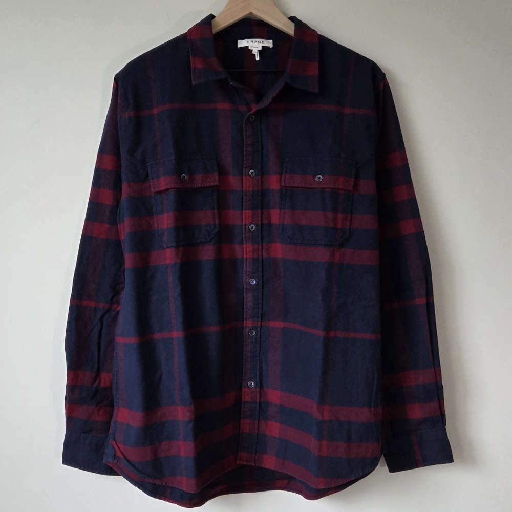 FRAME Refined Plaid Red Blue Classic Flannel Button Up Shirt Mens Size XL - Picture 2 of 10